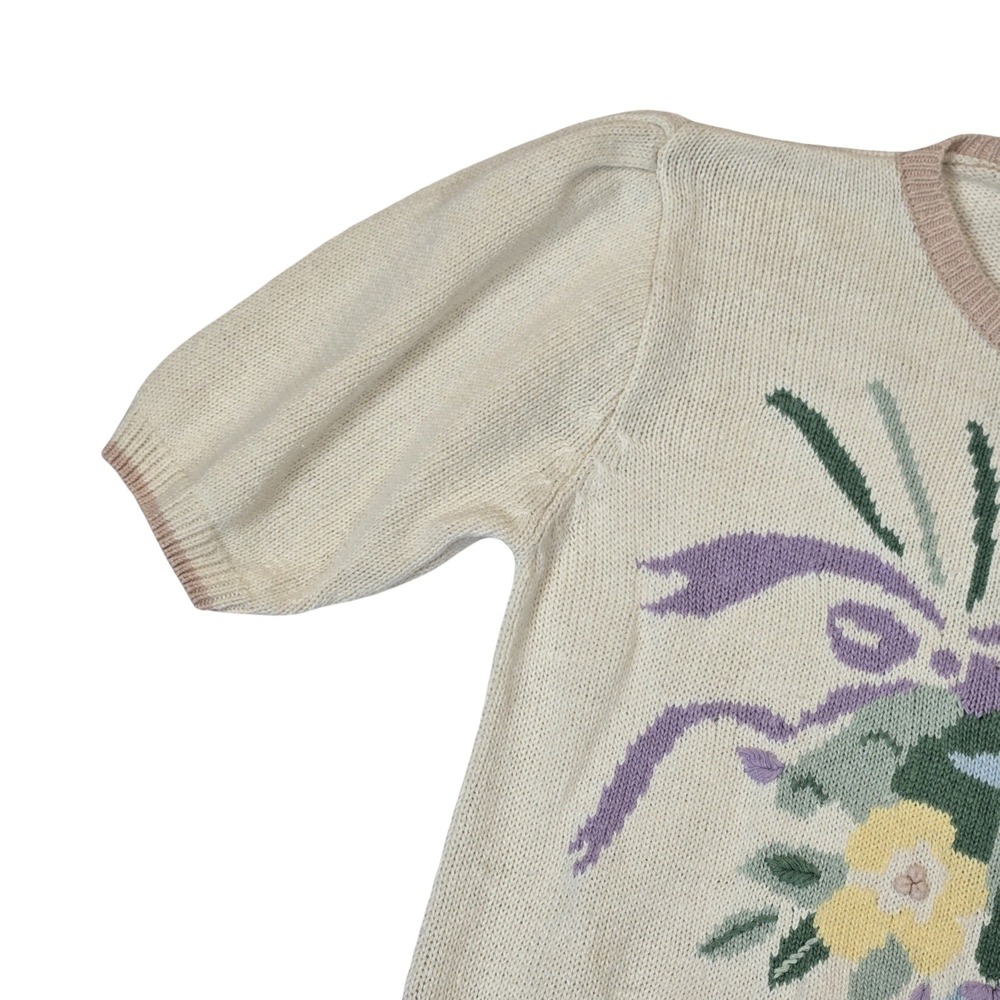 VTG 90's Floral Puff Short Sleeve Sweater Grannycore Cottage Butterfly Knit MD - Picture 2 of 7